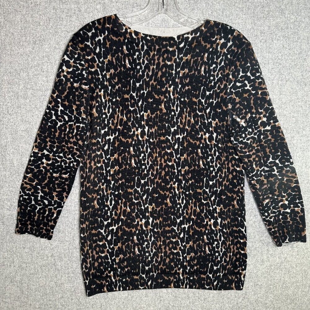 Talbots Sweater Pure Merino Wool  Medium Leopard Print Lightweight 3/4 Sleeve